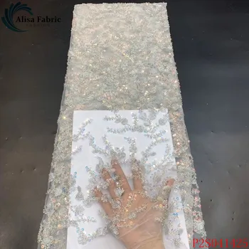 

Alisa white african fabric lace 2020 high quality embroidered french sequins laces nigerian tulle fabrics 5 yards/pcs for sewing