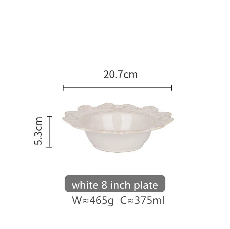 white 8 inch bowl Синий и Белый античный рельефный керамический набор обеденных тарелок, фарфоровый основной поднос для сервировки блюд, десертные салатные блюда, посуда 1 шт - Цвет: white 8 inch bowl
