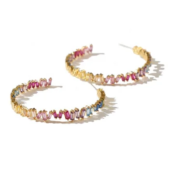 

LOZRUNVE Factory Wholesale 925 Silver Gold Large Multi Color Rainbow Baguette Eternity Hoops with Stone