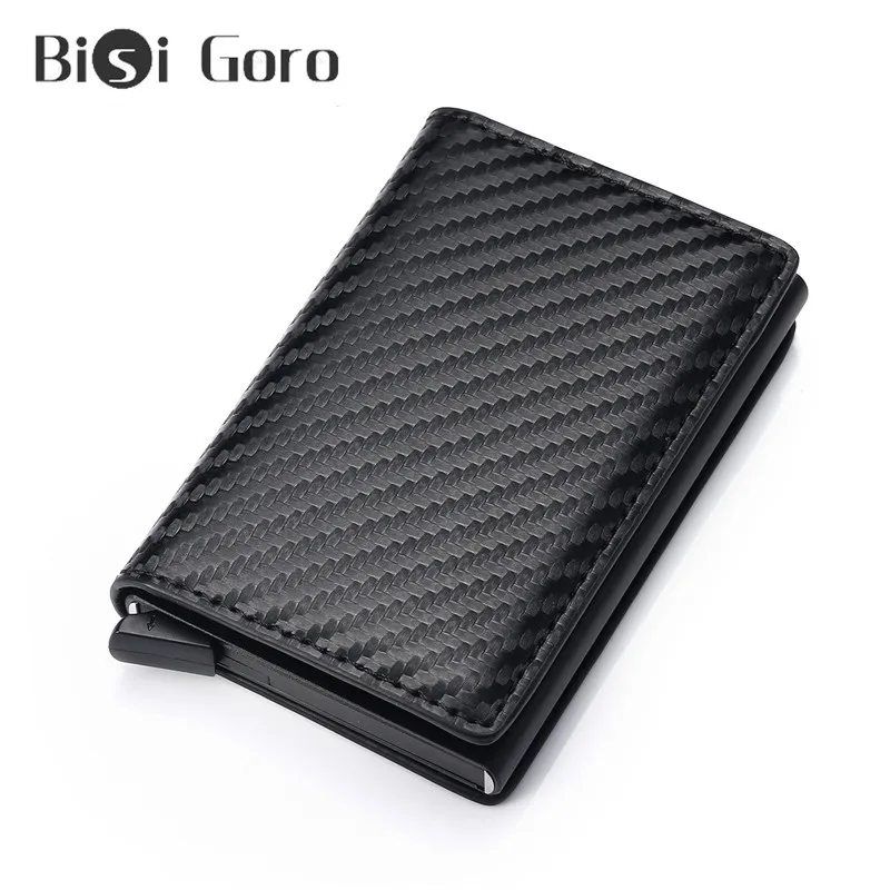 BISI GORO, Противоугонный карбоновый держатель для карт, Мужской винтажный Rfid блокирующий защитный кошелек из искусственной кожи, алюминиевый футляр, тонкий кошелек