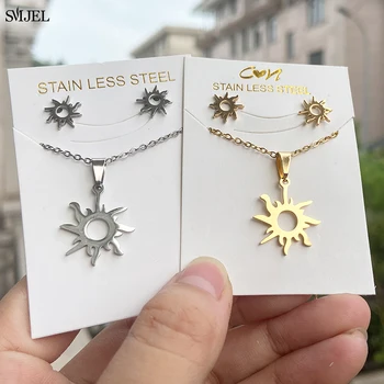 Stainless Steel Necklace Set Ethnic Sun Totem Pendent Necklaces For Women Birthday Party Fashion Crescent Star Earrings Jewelry