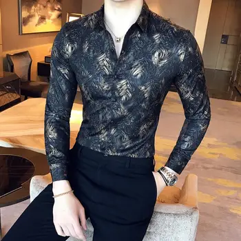 

Gold silk printed Social Luxury Shirt Men's Casual Long sleeve Shirt for Men Dress Blouse Men White Black