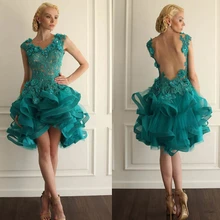 Изумрудно-зеленое короткое платье для выпускного вечера с v-образным вырезом, кружевное платье с бисером, открытая спина, ТРАПЕЦИЕВИДНОЕ ПЛАТЬЕ С Рюшами для выпускного вечера знаменитостей