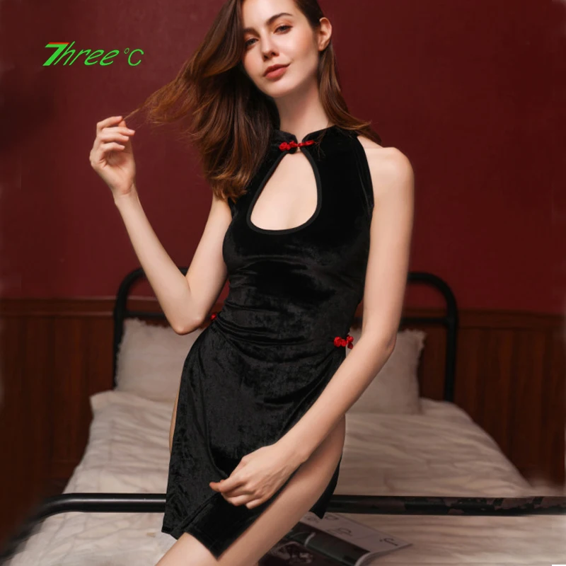Womens Sexy Retro Cheongsam Uniform Temptation Bandage Hollow Backless Corset Erotic Suit Chinese Qipao Lingerie Slit Dress |