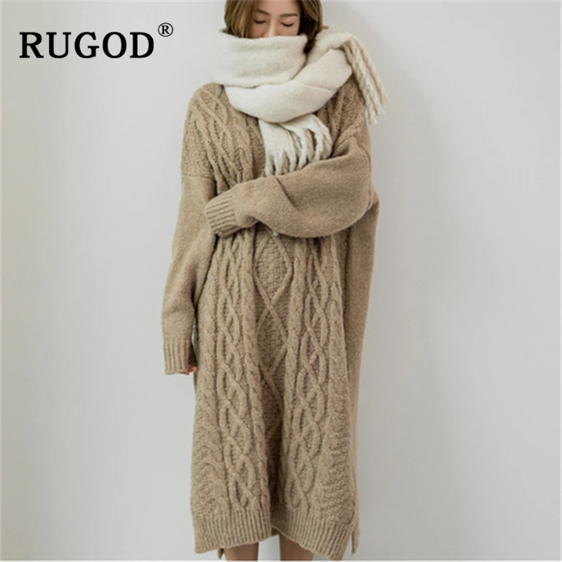 RUGOD винтажное однотонное длинное платье-свитер 2019 осеннее теплое прямое