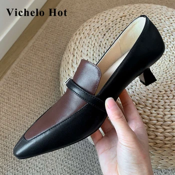 

Vichelo Hot French romantic vintage natural leather small square toe strange med heel brand shoes young lady women pumps L1f5