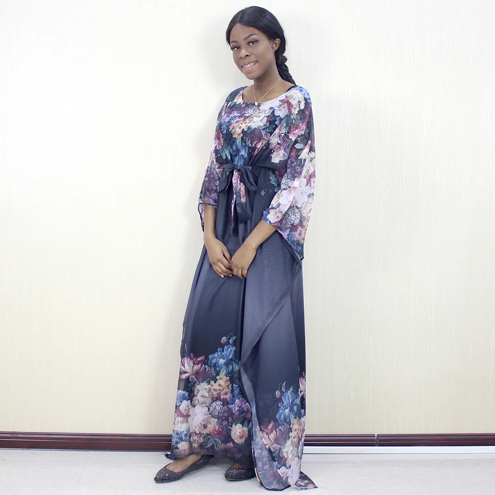 Elegant Chiffon Floral Print Autumn Sashes African Females Batwing Sleeve Sexy Party Dress for Women | Тематическая одежда и