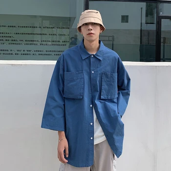 

2019 Summer Men's Pocket Decorate Short Sleeve Shirt French Cuff Mens Blue/black Loose Lapel Collar High-quality Shirts M-2XL