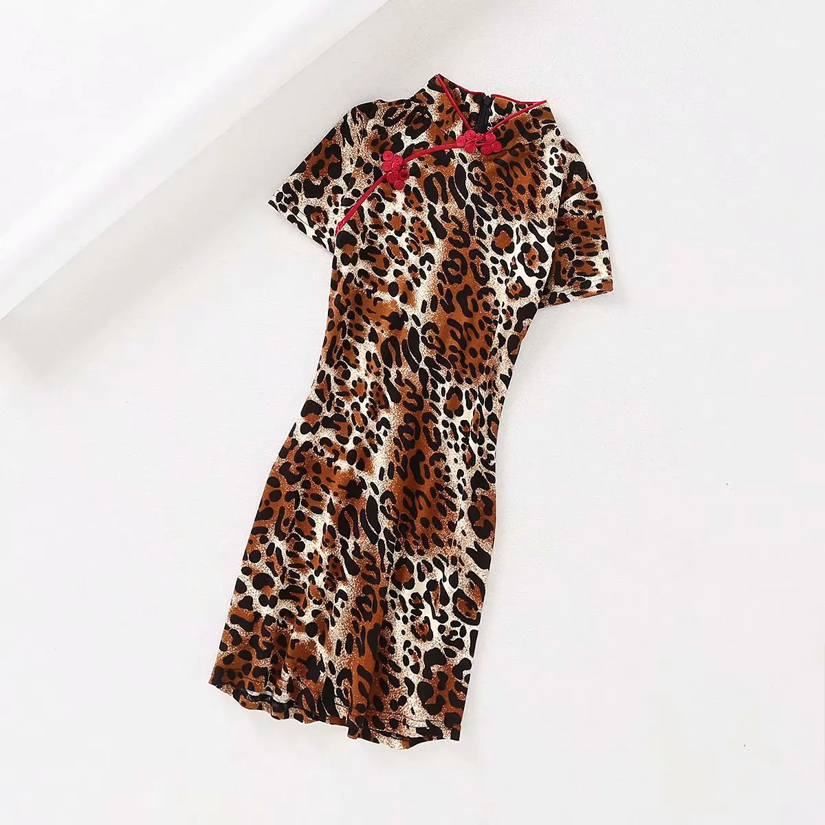 

F1337-Western Style WOMEN'S Dress 2019 Summer New Style Leopord Pattern Printed Frog Short Sleeve Cheongsam Dress