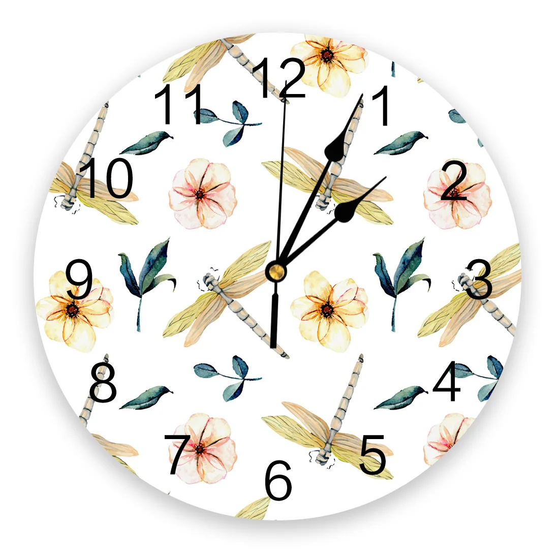 Flowers Green Leaves Dragonfly Stylish Print Round Wall Clock Operated Quartz Quiet Desk for Home Office School Decoration | Дом и сад