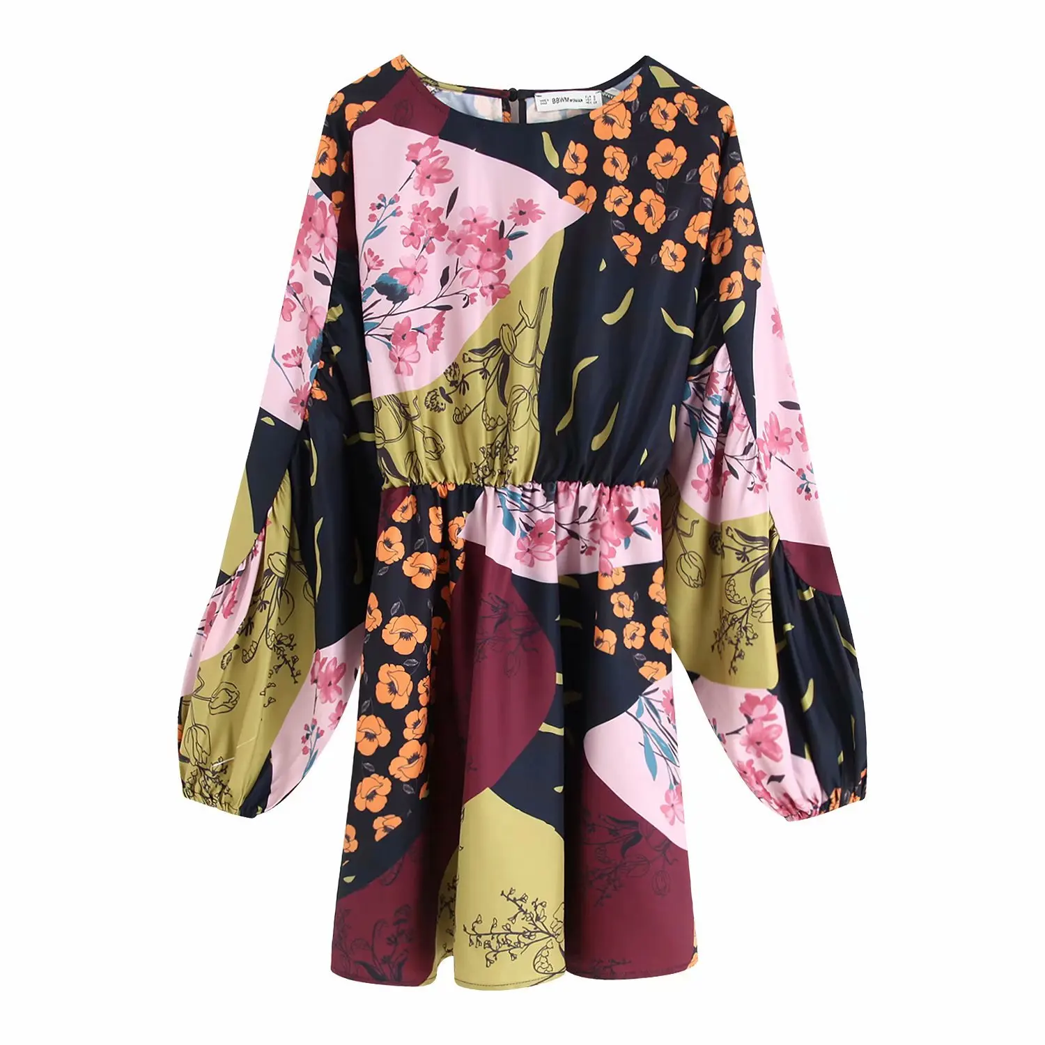 

Europe And America WOMEN'S Dress Thailand Travel-Style Contrast Color Patchwork Floral Printed Dress Long Sleeve Exotic Ethnic-S