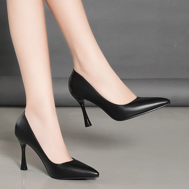

Women Genuine Leather Pointed Toe Shoes Female Stiletto Professional High Heels Black Etiquette Shoes Versatile Work Shoes