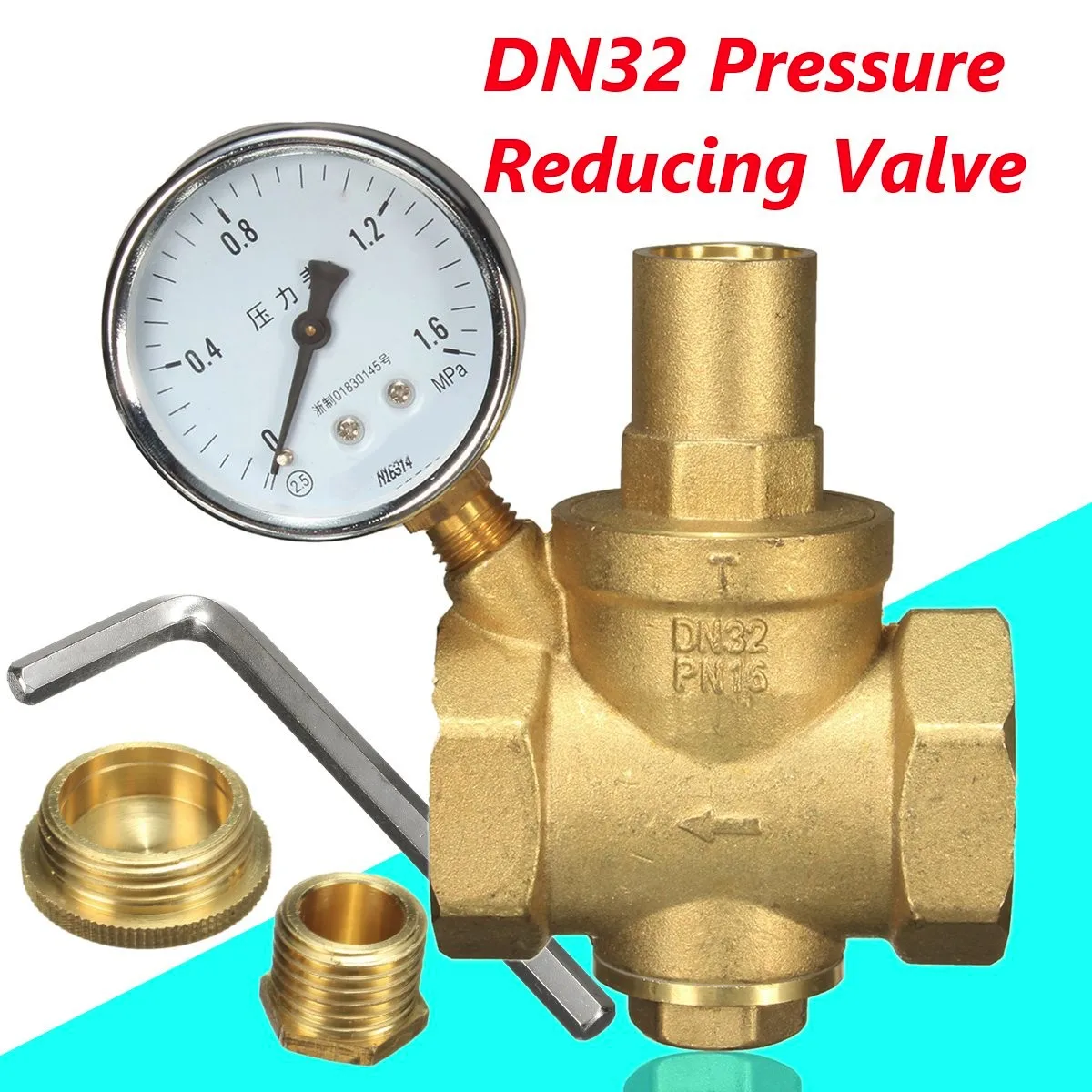 

40mm DN32 Brass Water Pressure Reducing With Adjustable Gauge + Wrench