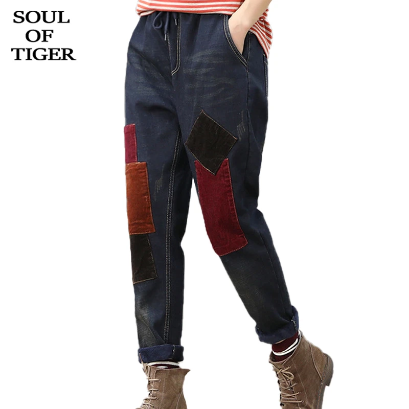 SOUL OF TIGER, корейские модные женские эластичные джинсы, женские джинсовые брюки большого размера с вышивкой, Зимняя Повседневная теплая уличная одежда