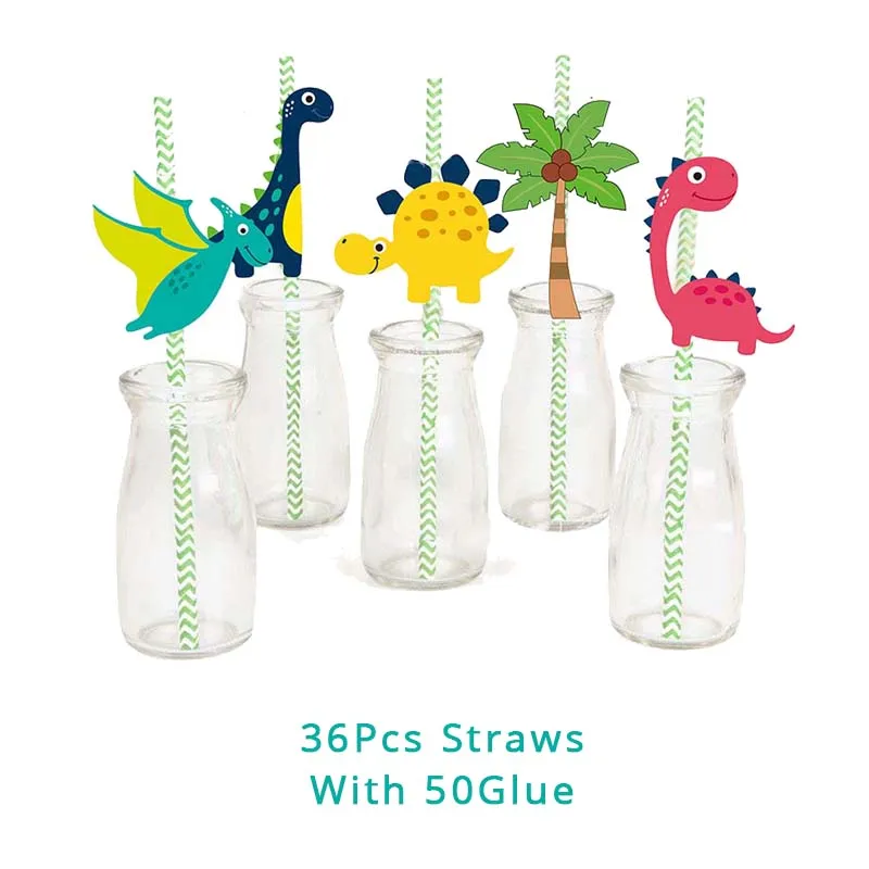 36pcs straw Тематическая посуда в виде динозавра, украшение для вечеринки на день рождения, Детские тарелки, чашки, шляпы из фольги динозавра, воздушные шары, торт, флаг, соломинка, вечерние принадлежности в стиле динозавра - Цвет: 36pcs straw