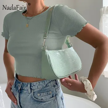 

Nadafair Short Sleeve Knitted Crop Top Pure Casual Short Top Summer Tank Women Top Festival 2020 Ruffle