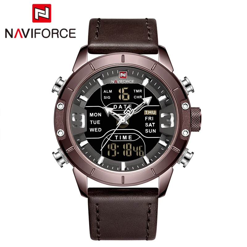 Naviforce часы мужские водонепроницаемые армейские военные Хронограф Мужские наручные часы с цифровым дисплеем мужские часы Relogio Masculino - Цвет: Coffee