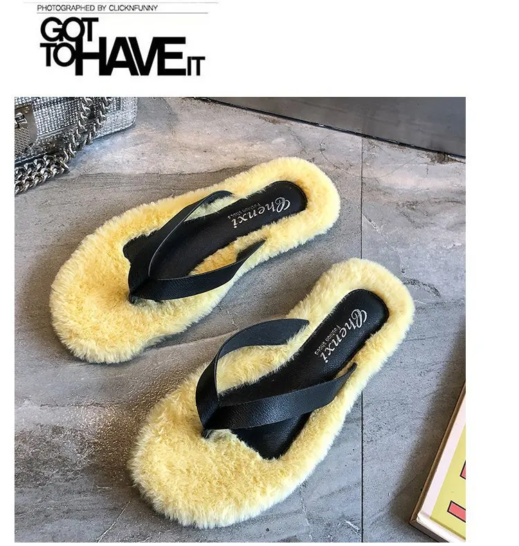 Classics Winter Women Fur Flip Flops Outside Flat Open Toe Women Shoes Solid Casual Faux Fur Slippers