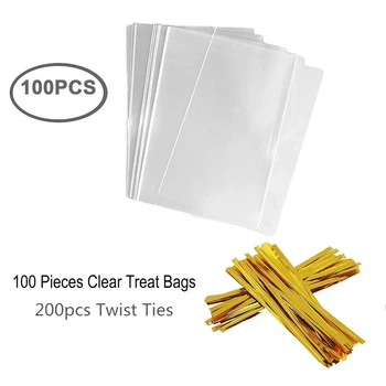 

100 Treat Bags 7x10cm with 200 Twist Ties 10cm OPP Plastic Bags for Lollipop Candy Cake Chocolate Cookie Wrapping Buffet