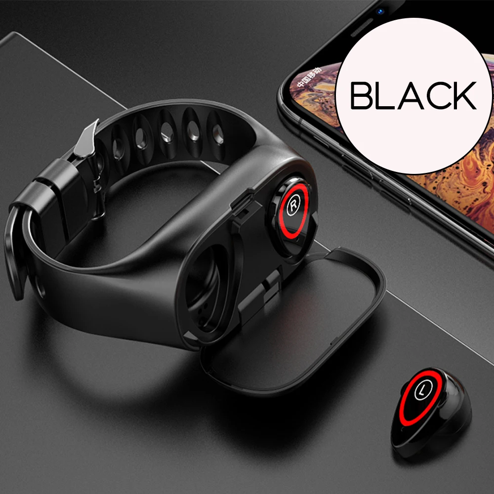 Новейший AI Смарт-часы с Bluetooth наушником монитор сердечного ритма Смарт-браслет длительное время ожидания спортивные часы для мужчин - Цвет: Черный