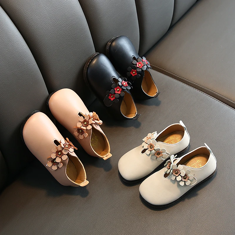 Lovely Children Girls Princess Shoes Pure Color Leather Shoes Bowknot Flower Flat Casual  Shoe Lightweight SHS006