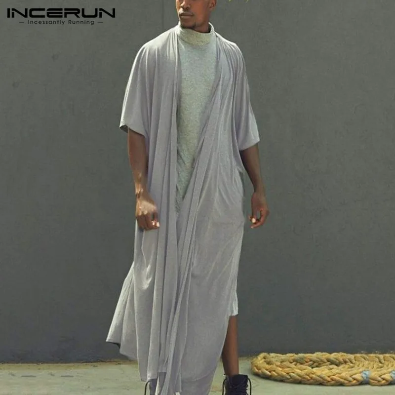 INCERUN-cárdigan informal de Color sólido para hombre, Trenca de media manga, prendas de vestir de punto abierto, ropa de estilo largo a la moda, ropa de calle 5XL7