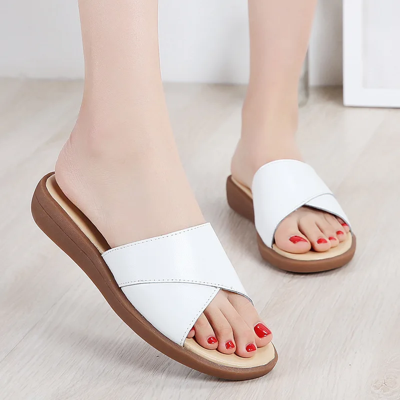 Summer Slippers Women Genuine Leather Cow Leather Shoes Woman Flats Slides High Quality Fashion Slippers Ladies Plus Size Shoes