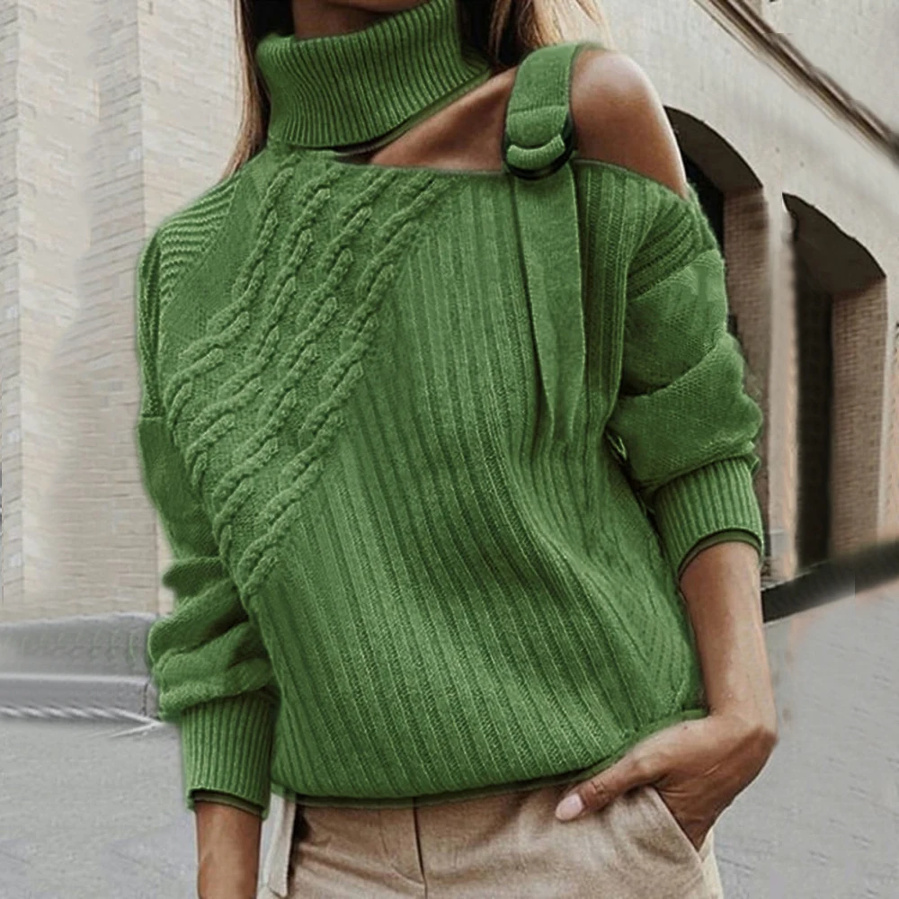 Patchwork Turtleneck Sweater Women Sexy Off Shoulder Autumn Knitted Pullover Long Sleeve Ribbed Sweater Jumper Pull Femme - Цвет: green