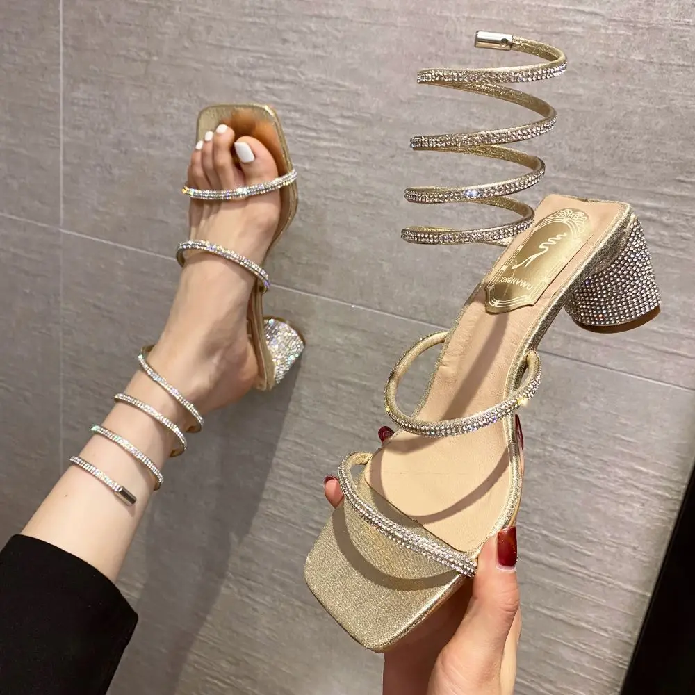2022 Summer Women's Sandals Fashion Luxury Square Toe Club Rhinestone Snake Wrap High Heel Sandals Birthday Wedding Party Shoes 1