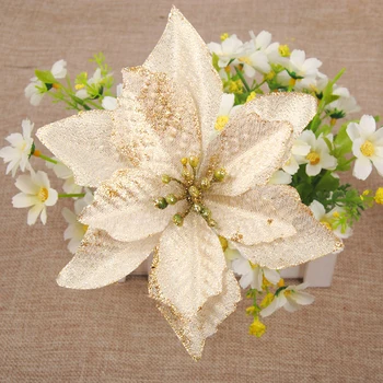 10pcs Artificial Flowers For Decoration Glitter Poinsettia Fake Flowers DIY Christmas Tree Home Wedding Decoration Flower Head 3