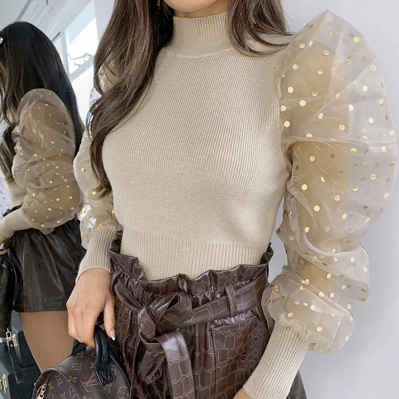 

Women Puff Sleeve Turtleneck Pullovers Fashion Spring Basic Solid Color Pullover Sweater Slim Fit Top