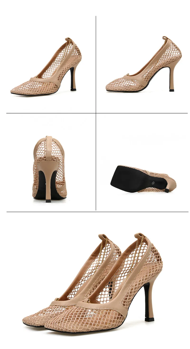 Summer New Mesh Hollow Women Pumps Square Toe Metal Chain Stiletto Heel Shoes Woman Sexy Slip On Ladies High Heels Shoes Sandals (27)