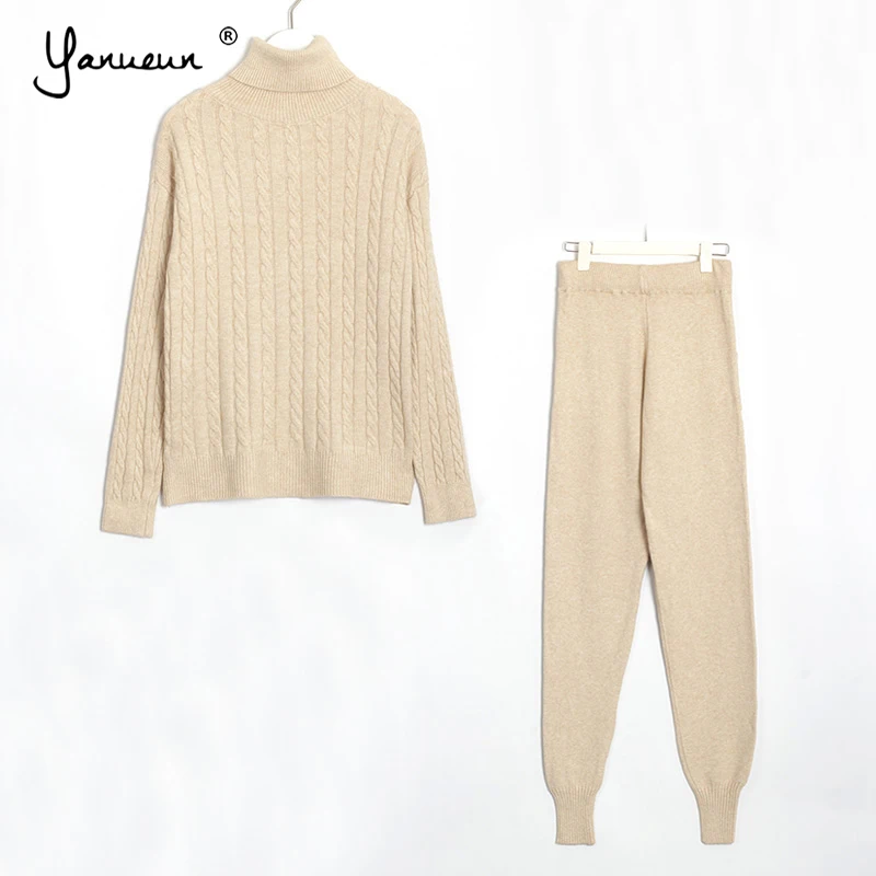 Yanueun Women Long Sleeve Turtleneck Sweater Pullovers Casual Lace-up Pockets Pants 2 Piece Sets Pullover Autumn Winter |
