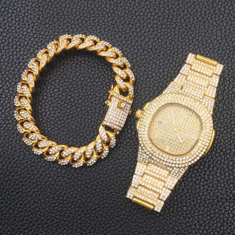 Модные мужские часы в стиле хип-хоп, ожерелье, золотые и серебряные часы, браслет, ледоубор, Кристальный кулон, комбинация ювелирных изделий