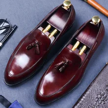 British Style Pointed Toe Tassel Man Formal Dress Shoes Genuine Leather Oxfords Slip On Men Breathable Business Shoes