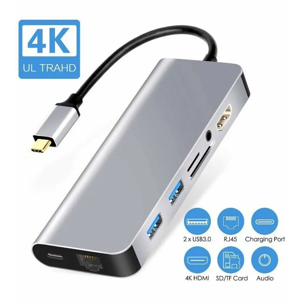 8 в 1 USB-C-type-C USB3.0 HDMI 4K VGA RJ45 адаптер концентратор Многофункциональный Док-станция серый для Mackbook адаптер