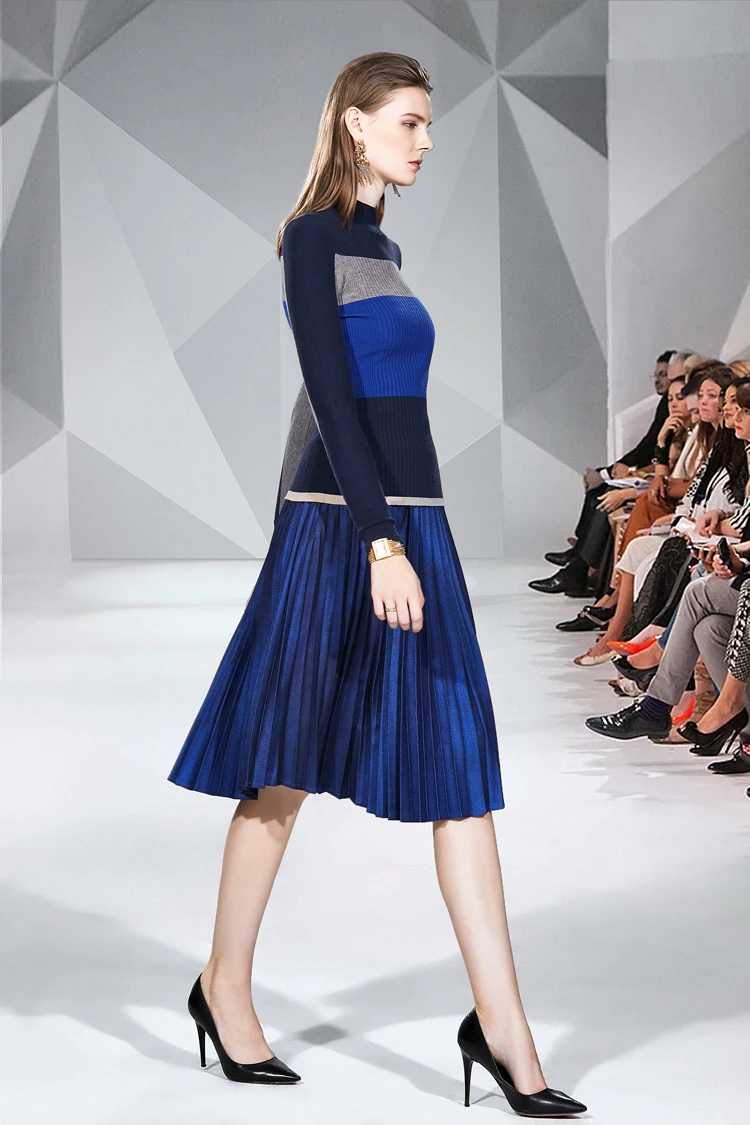 H Han Queen Europe 2 Pieces Set Vestido Winter Casual Slim Knit Top And Pleated Dress Elegant Runway Vintage Slim Party Dresses