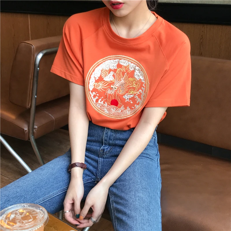 Новая футболка с круглым вырезом и вышивкой в китайском стиле в стиле ретро; Повседневная Свободная рубашка; Прямая поставка; Джерси; оранжевый цвет