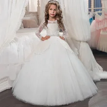 2021 Princess Beige Flower Girls Dress Long Sleeve Lace Ball Gown Floor Length Formal Toddler Dresses for Wedding Party