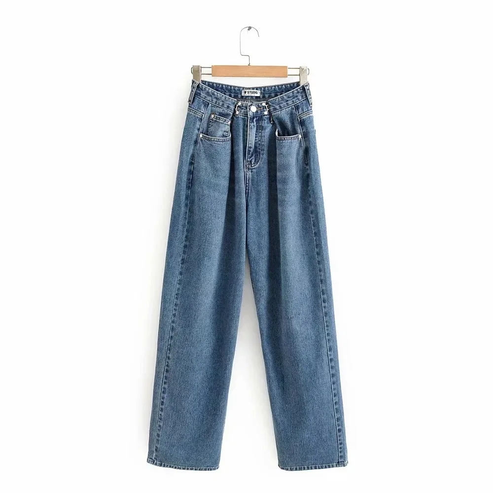 

Fall Winter Spring Cotton High Waist Jeans Women Loose Straight Leg Jeans