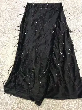 

Wholesale French fringed lace fabric with feather high quality handmade African glitter sequined fabric for royal wedding dress