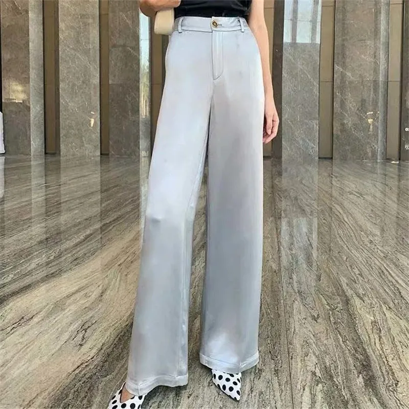 Korean Silk Satin Wide Leg Pants Women Spring Summer Casual