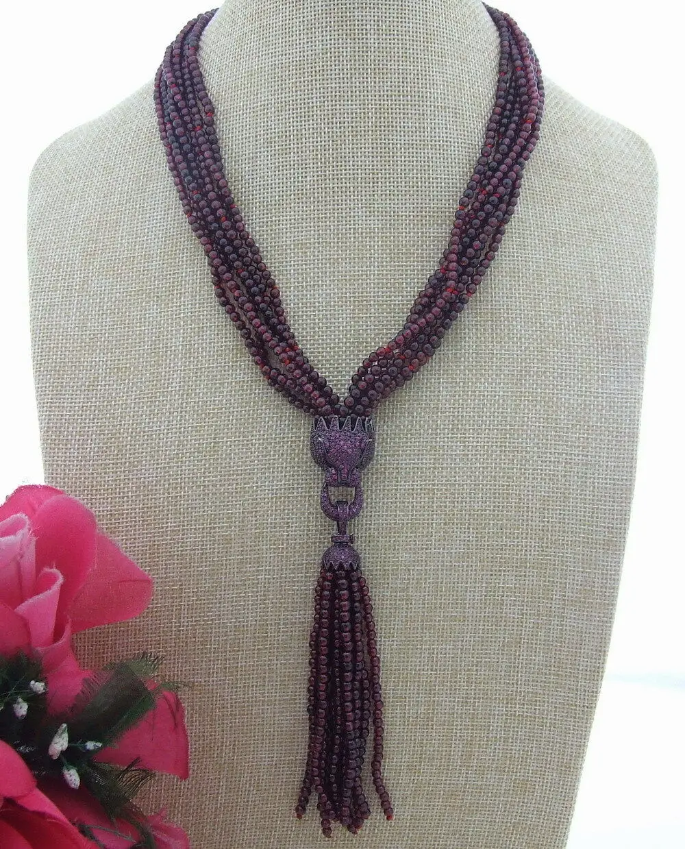 

S040603 7Strands Garnet&Rhinestone Pendant Necklace