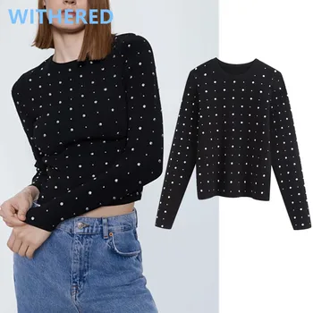 

Withered 2020 spring england office lady simple high street stretch rivet knitting short sexy sweaters women pullovers crop tops