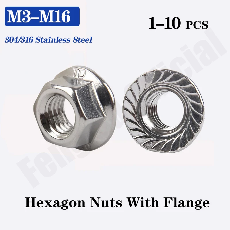 DIN6923 M3 M4 M5 M6 M8 M10 M12 304/316 шестигранные фланцевые гайки из нержавеющей стали