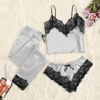 

Pajamas Sets Pyjama Women Sleepwear Set Homewear 3PC Women Satin Silk Wireless Bra Shorts Trousers Sleepwear Pajamas Lingerie