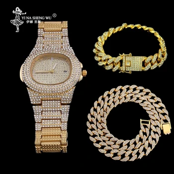 

Gold Color Necklace +Watch+Bracelet Hip Hop Miami Curb Cuban Chain Iced Out Paved Rhinestones CZ Bling Rapper For Men Jewelry