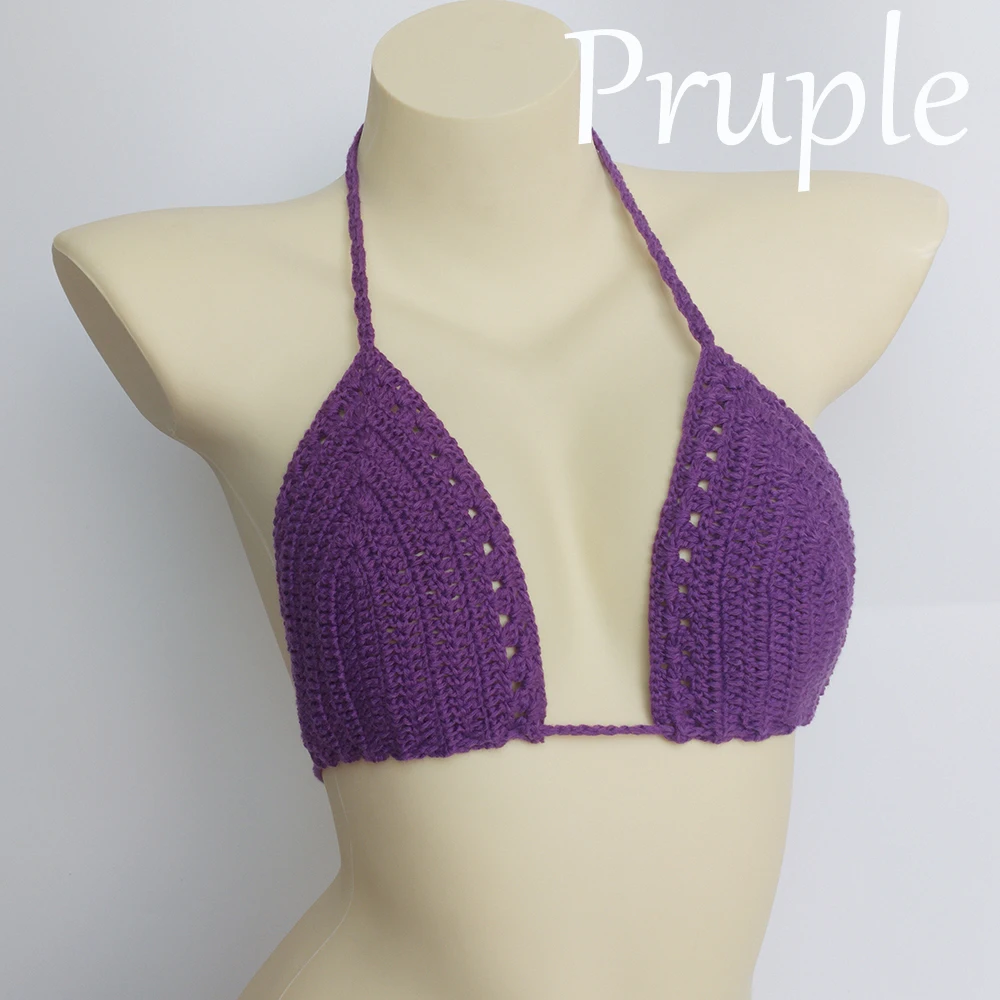 purple top 10 цветов есть подкладка на груди Микро Бикини Топ Открытый Женский вязаный сексуальный бандаж купальник бюстгальтер пляжная одежда бикини топы размера плюс - Цвет: purple top