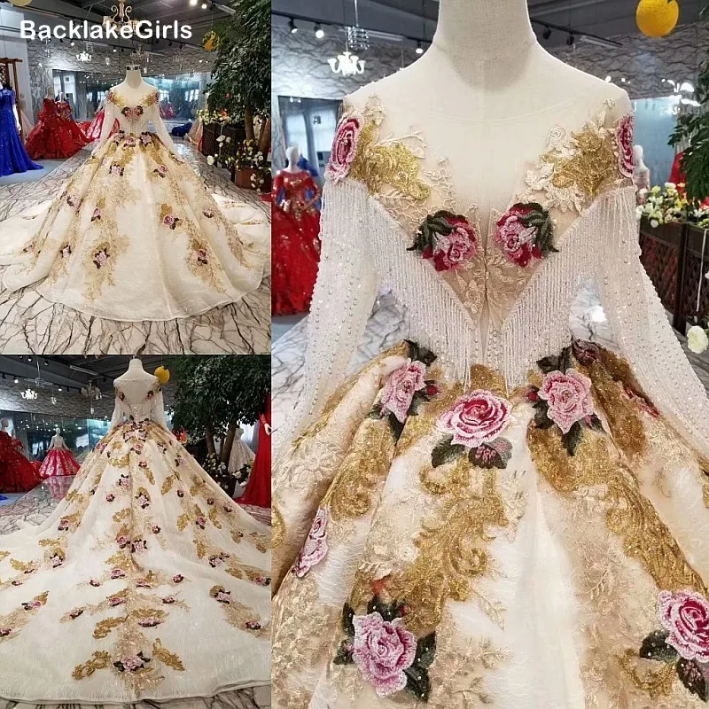 Rose Flowers Champagne And White Beautiful Dress Floor Length O Neck Long Sleeve Lace Up Back Cheap Evening Robe De Mariee | Свадьбы и