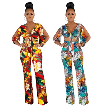 

Deep V printing Hollow out wide-leg jumpsuit women elegance plus size sexy jumpsuit clubwear party casual fashion